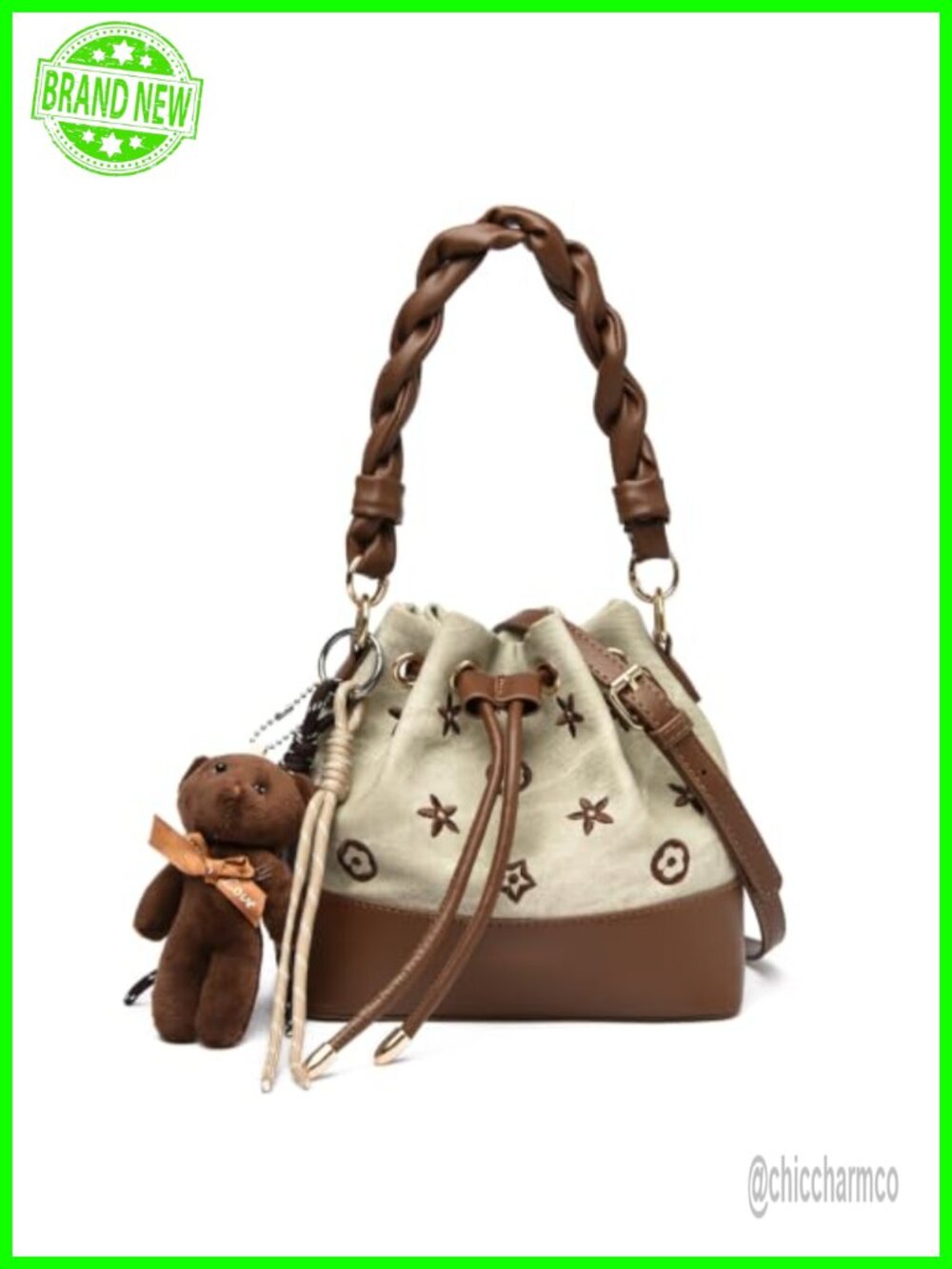 Small Bucket Crossbody Bag PU Leather Embroidered Floral Top Handle
